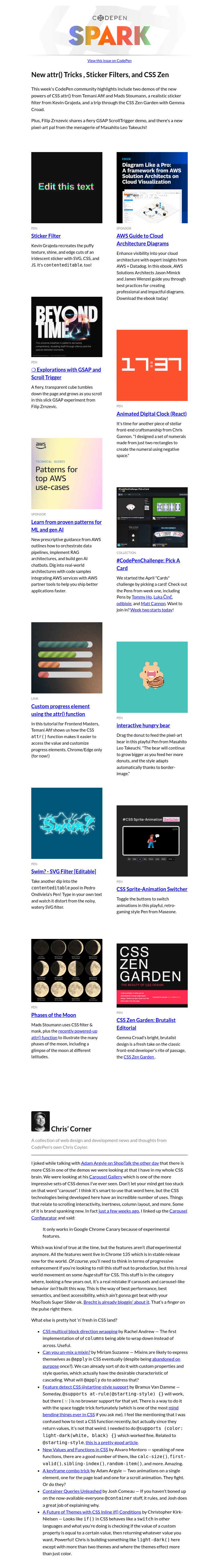 Письмо компании «CodePen» на тему «New attr() Tricks , Sticker Filters, and CSS Zen»