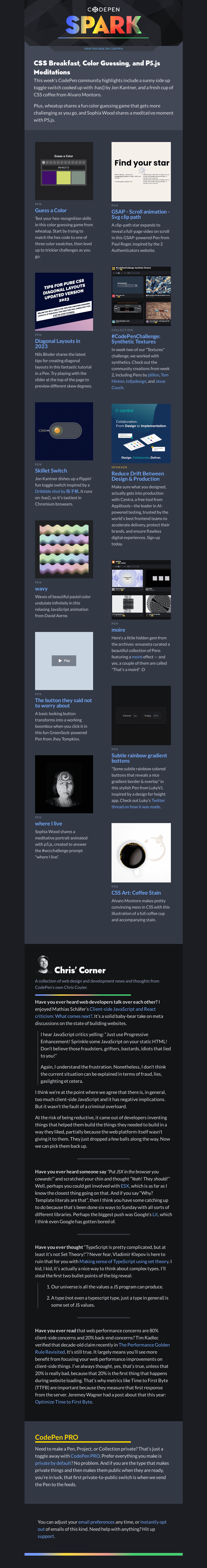 Письмо компании «CodePen» на тему «CSS Breakfast, Color Guessing, and P5.js Meditations»