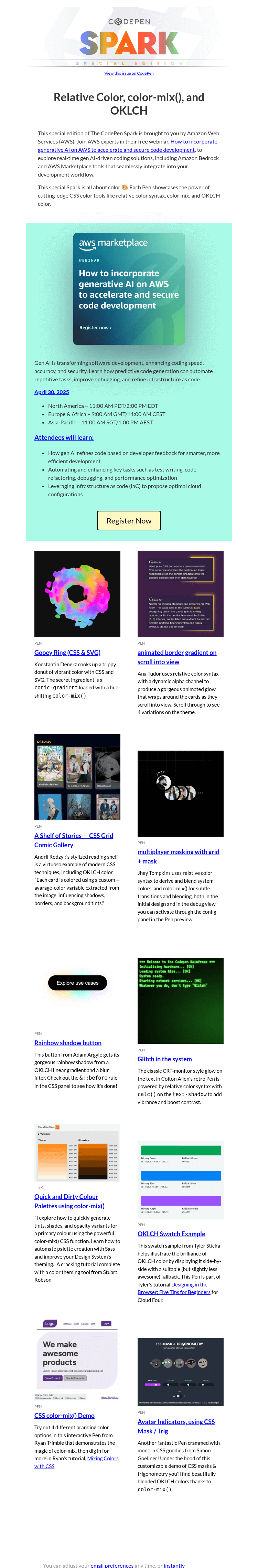 Письмо компании «CodePen» на тему «[CodePen Spark] Relative Color, color-mix(), and OKLCH»