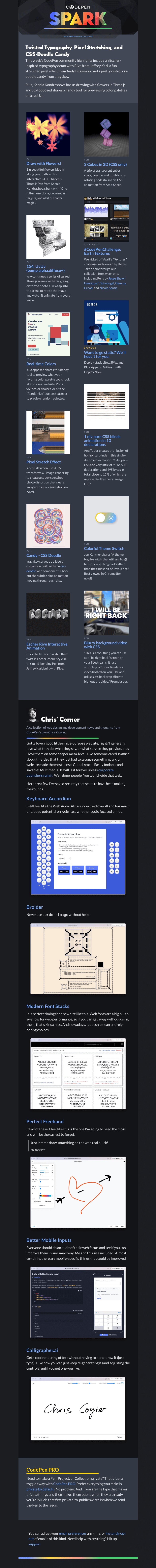 Письмо компании «CodePen» на тему «Twisted Typography, Pixel Stretching, and CSS-Doodle Candy»