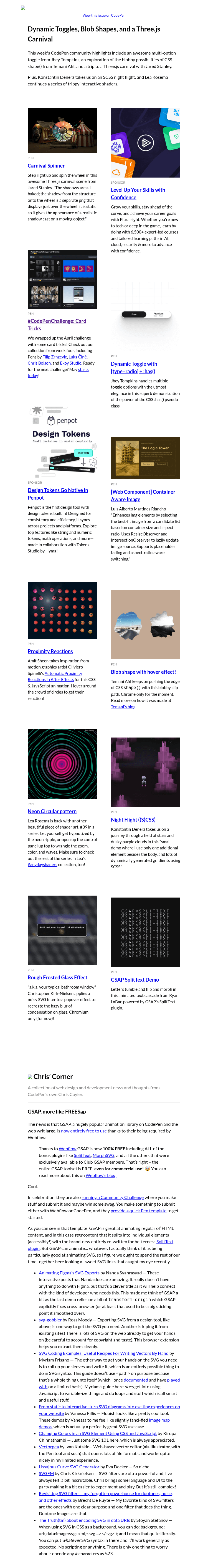 Письмо компании «CodePen» на тему «Dynamic Toggles, Blob Shapes, and a Three.js Carnival»