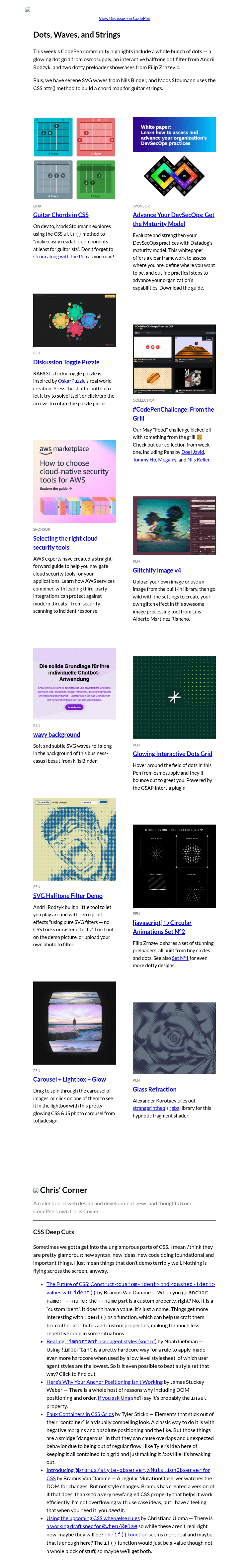 Письмо компании «CodePen» на тему «Dots, Waves, and Strings»