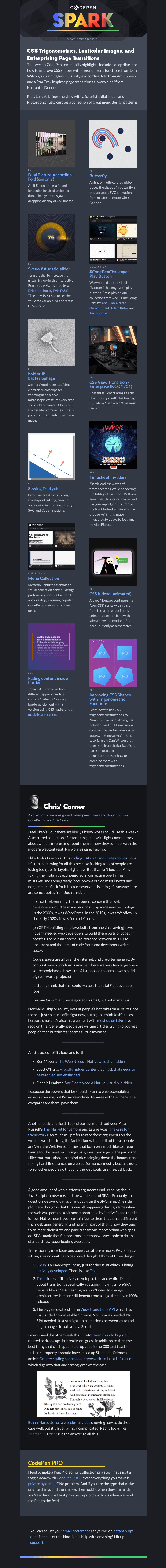 Письмо компании «CodePen» на тему «CSS Trigonometrics, Lenticular Images, and Enterprising Page Transitions»