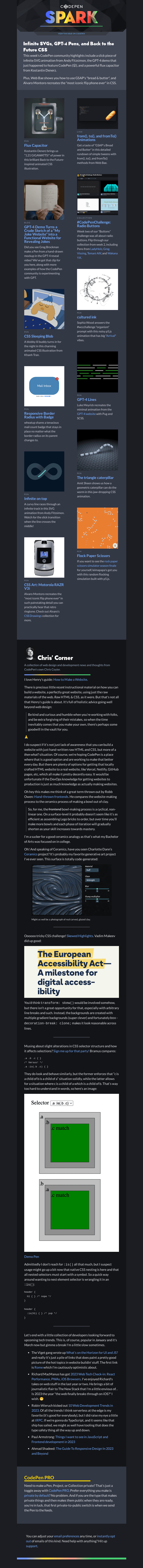 Письмо компании «CodePen» на тему «Infinite SVGs,  GPT-4 Pens, and Back to the Future CSS»