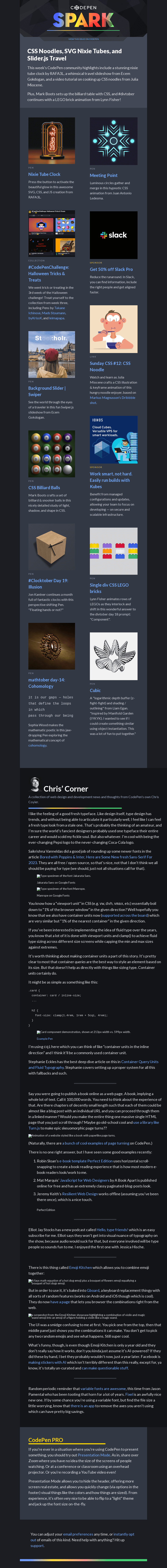 Письмо компании «CodePen» на тему «CSS Noodles, SVG Nixie Tubes, and Slider.js Travel»