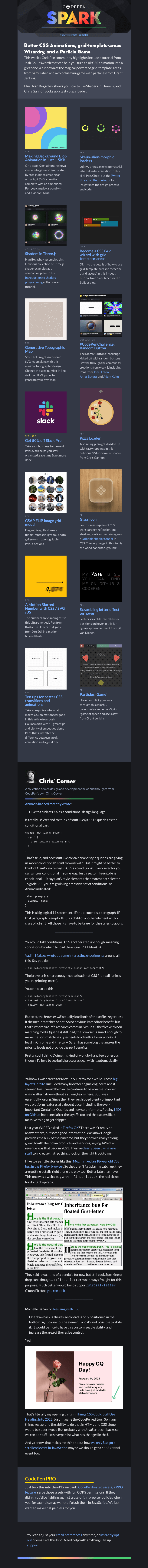 Письмо компании «CodePen» на тему «Better CSS Animations, grid-template-areas Wizardry, and a Particle Game»