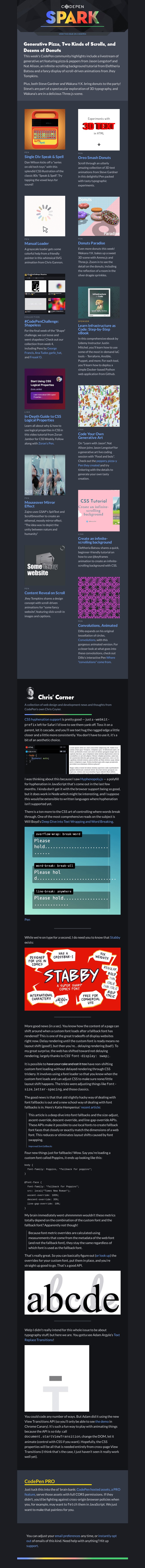 Письмо компании «CodePen» на тему «Generative Pizza, Two Kinds of Scrolls, and Dozens of Donuts»