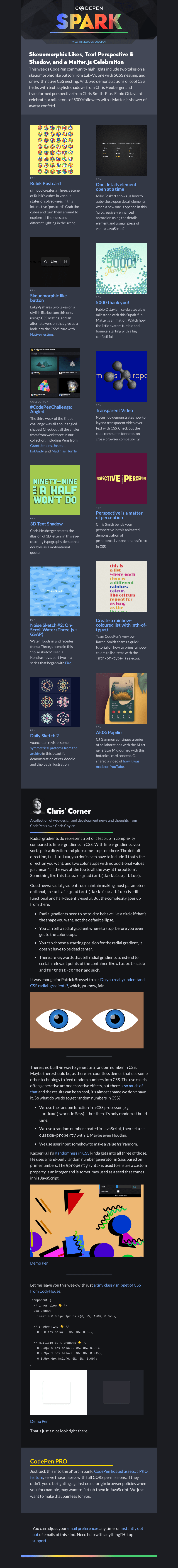 Письмо компании «CodePen» на тему «Skeuomorphic  Likes, Text Perspective & Shadow, and a Matter.js Celebration»