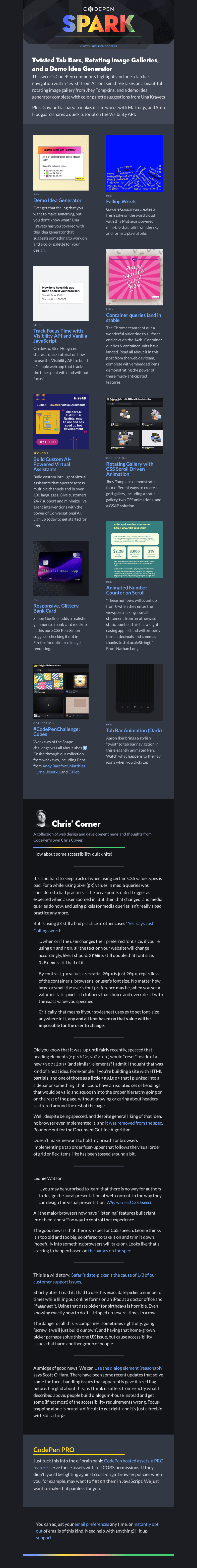 Письмо компании «CodePen» на тему «Twisted Tab Bars, Rotating Image Galleries, and a Demo Idea Generator»