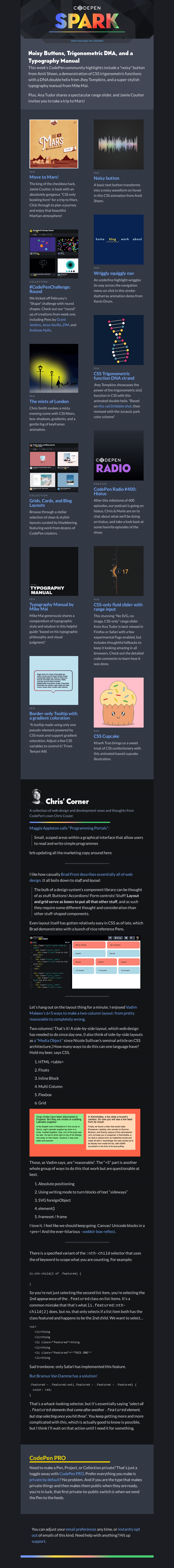 Письмо компании «CodePen» на тему «Noisy Buttons, Trigonometric DNA, and a Typography Manual»