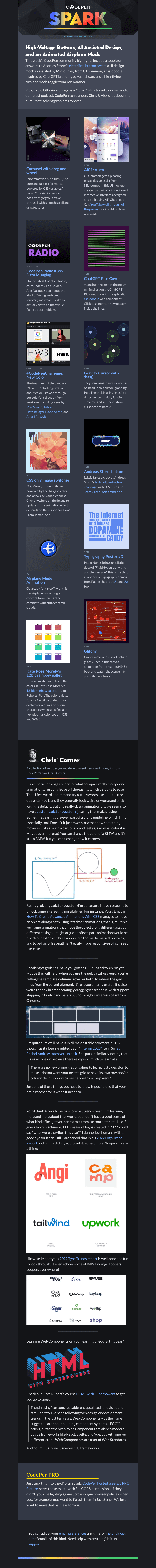 Письмо компании «CodePen» на тему «High-Voltage Buttons, AI Assisted Design, and an Animated Airplane Mode»