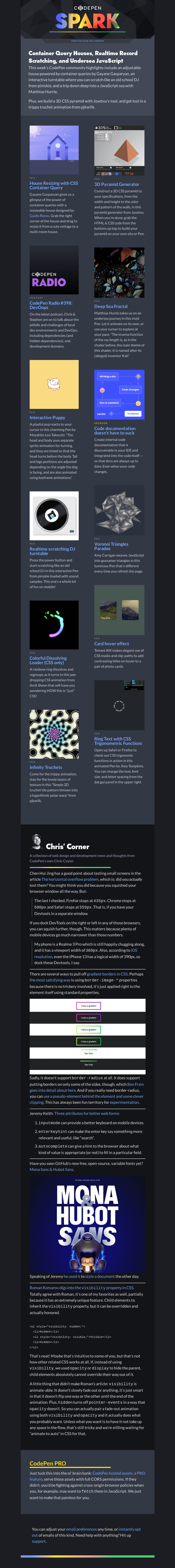 Письмо компании «CodePen» на тему «Container Query Houses, Realtime Record Scratching, and Undersea JavaScript»