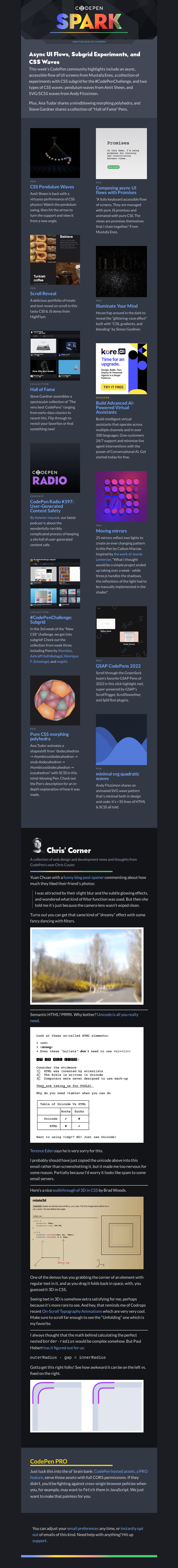 Письмо компании «CodePen» на тему «Async UI Flows, Subgrid Experiments, and CSS Waves»
