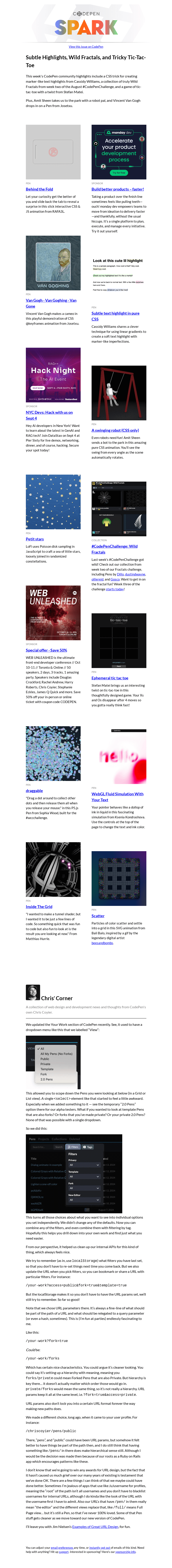 Письмо компании «CodePen» на тему «Subtle Highlights, Wild Fractals, and Tricky Tic-Tac-Toe»