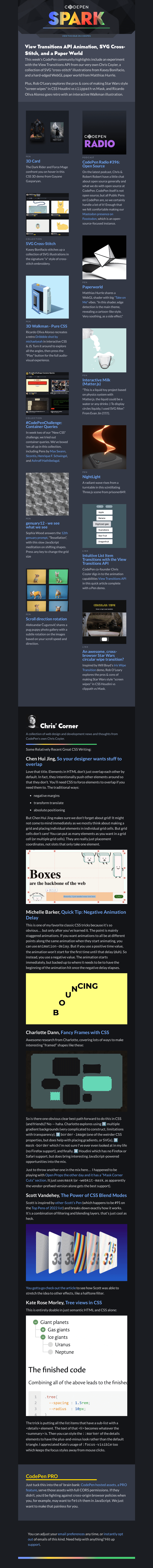 Письмо компании «CodePen» на тему «View Transitions API Animation, SVG Cross-Stitch, and a Paper World»