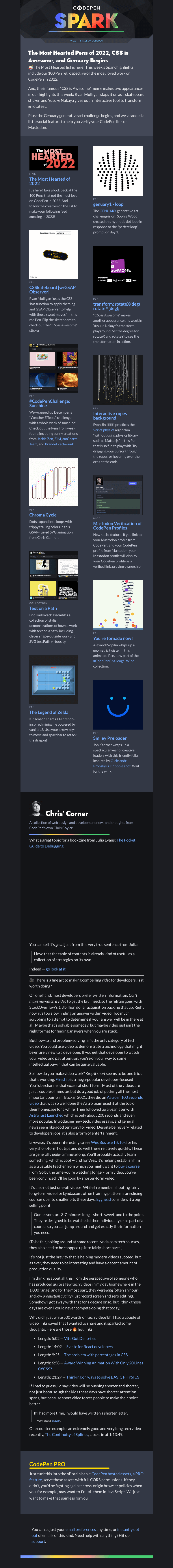 Письмо компании «CodePen» на тему «The Most Hearted Pens of 2022, CSS is Awesome, and Genuary Begins»