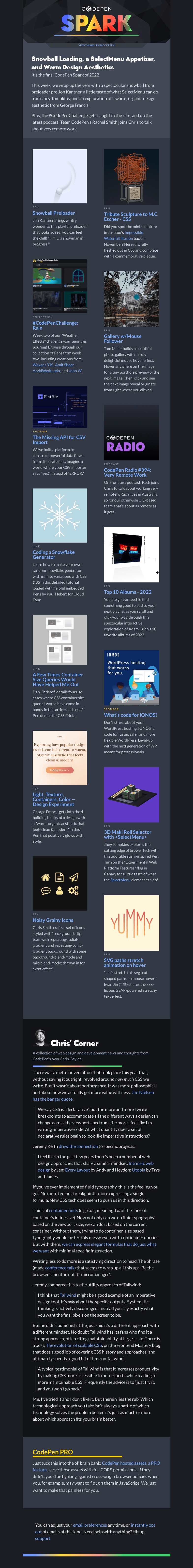 Письмо компании «CodePen» на тему «Snowball Loading, a SelectMenu Appetizer, and Warm Design Aesthetics»