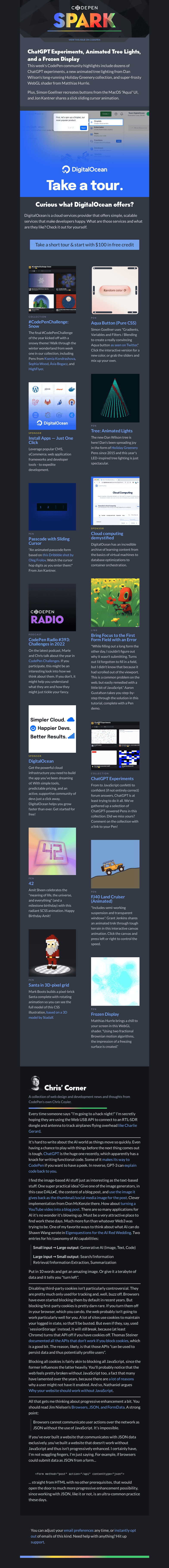 Письмо компании «CodePen» на тему «ChatGPT Experiments, Animated Tree Lights, and a Frozen Display»