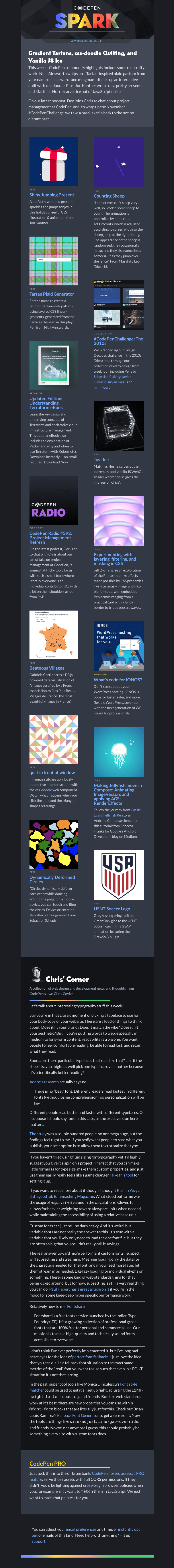 Письмо компании «CodePen» на тему «Gradient Tartans, css-doodle Quilting, and Vanilla JS Ice»