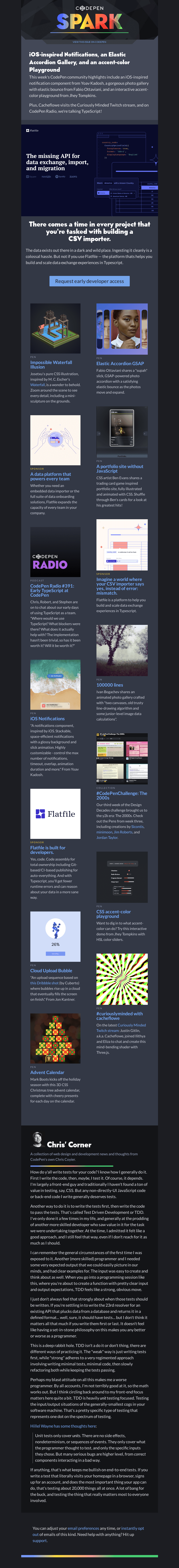 Письмо компании «CodePen» на тему «iOS-inspired Notifications, an Elastic Accordion Gallery, and an accent-color Playground»