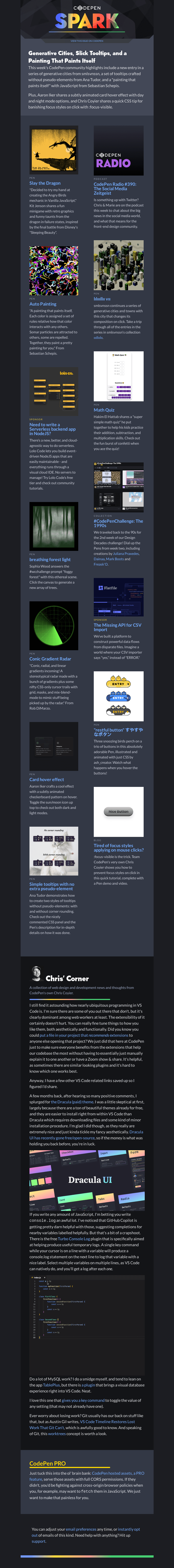 Письмо компании «CodePen» на тему «Generative Cities, Slick Tooltips, and a Painting That Paints Itself»