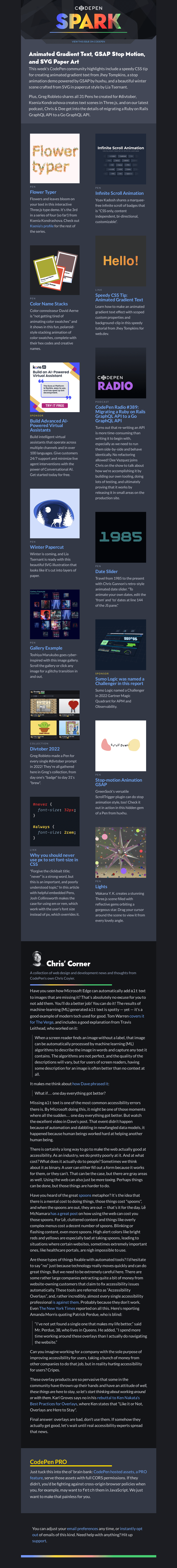 Письмо компании «CodePen» на тему «Animated Gradient Text, GSAP Stop Motion, and SVG Paper Art»