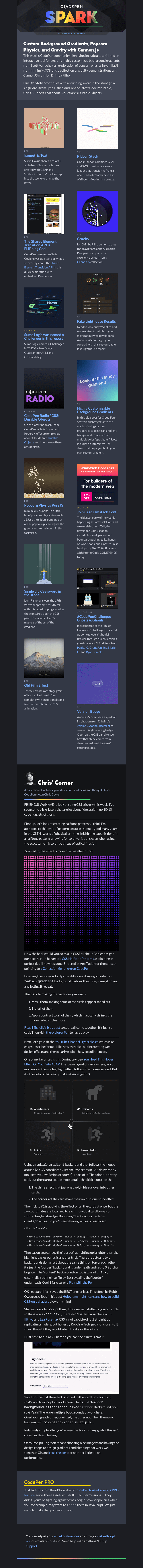 Письмо компании «CodePen» на тему «Custom Background Gradients, Popcorn Physics, and Gravity with Cannon.js»