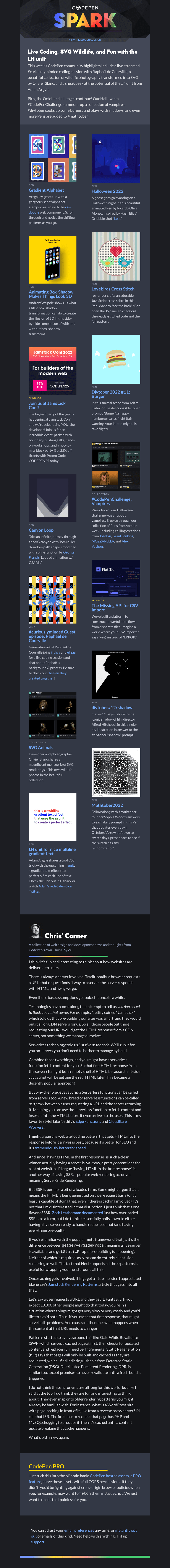 Письмо компании «CodePen» на тему «Live Coding, SVG Wildlife, and Fun with the LH unit»
