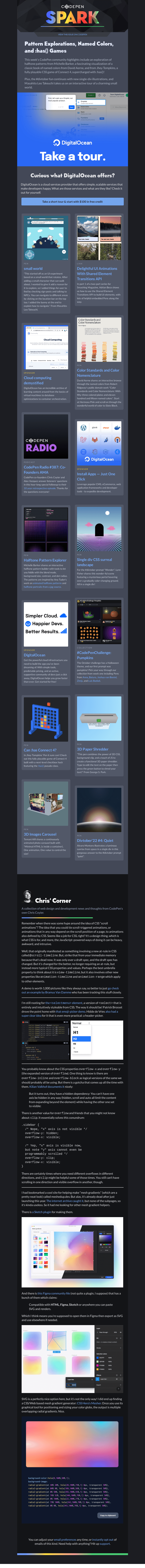 Письмо компании «CodePen» на тему «Pattern Explorations, Named Colors, and :has() Games»