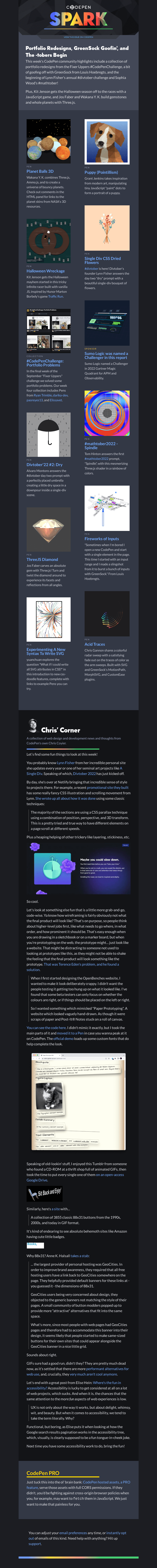 Письмо компании «CodePen» на тему «Portfolio Redesigns, GreenSock Goofin', and The -tobers Begin»