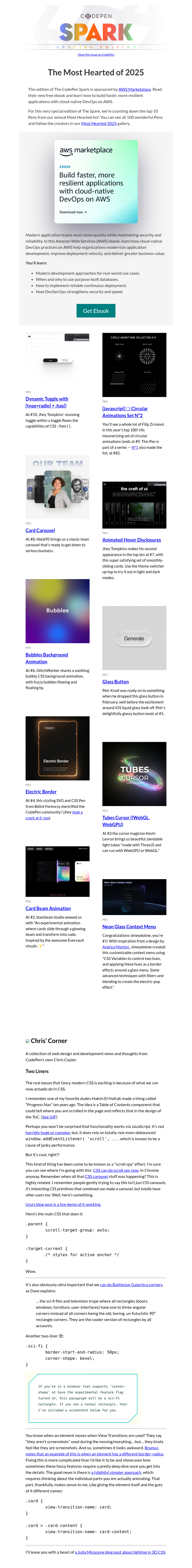 Письмо компании «CodePen» на тему «[CodePen Spark] The Most Hearted of 2025»