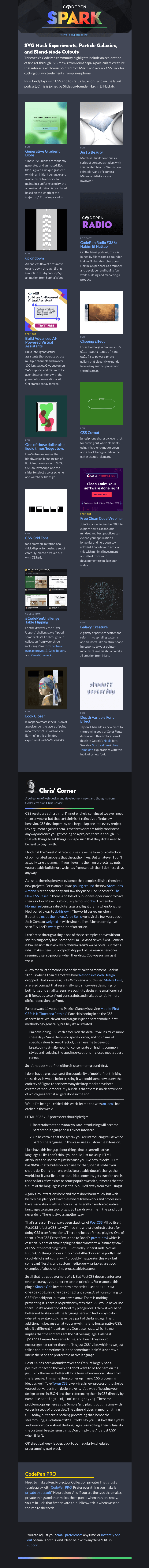Письмо компании «CodePen» на тему «SVG Mask Experiments, Particle Galaxies, and Blend-Mode Cutouts»