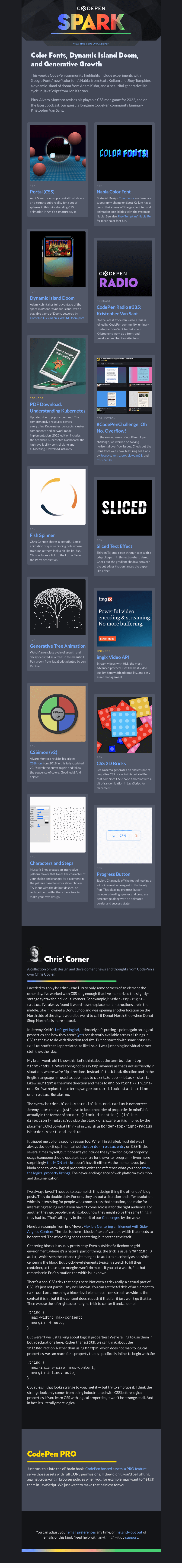 Письмо компании «CodePen» на тему «Color Fonts, Dynamic Island Doom, and Generative Growth»