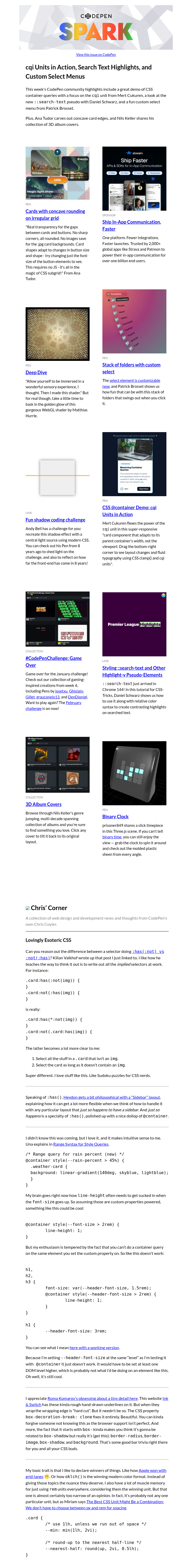 Письмо компании «CodePen» на тему «cqi Units in Action, Search Text Highlights, and Custom Select Menus»