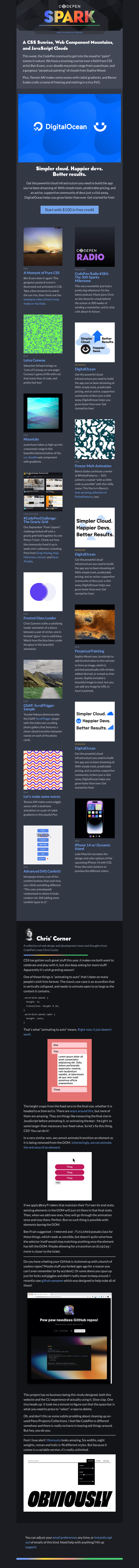 Письмо компании «CodePen» на тему «A CSS Sunrise, Web Component Mountains, and JavaScript Clouds»