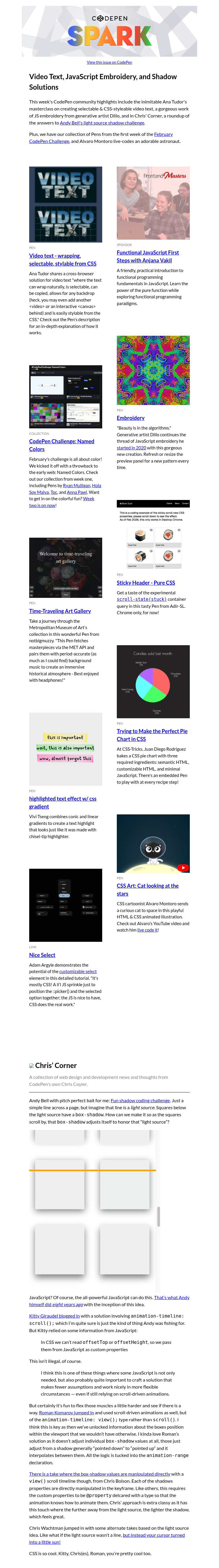 Письмо компании «CodePen» на тему «Video Text, JavaScript Embroidery, and Shadow Solutions»