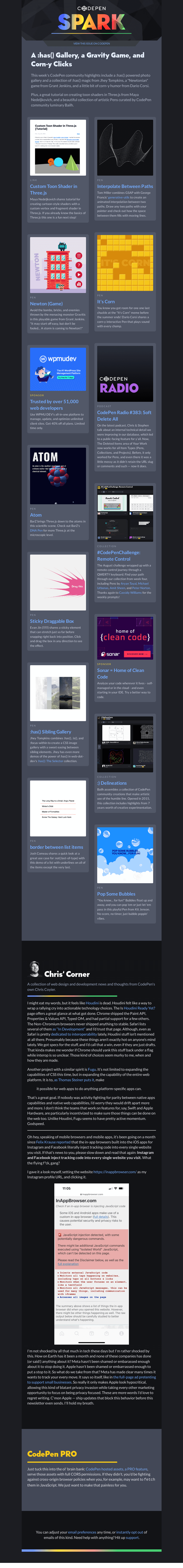 Письмо компании «CodePen» на тему «A :has() Gallery, a Gravity Game, and Corn-y Clicks»