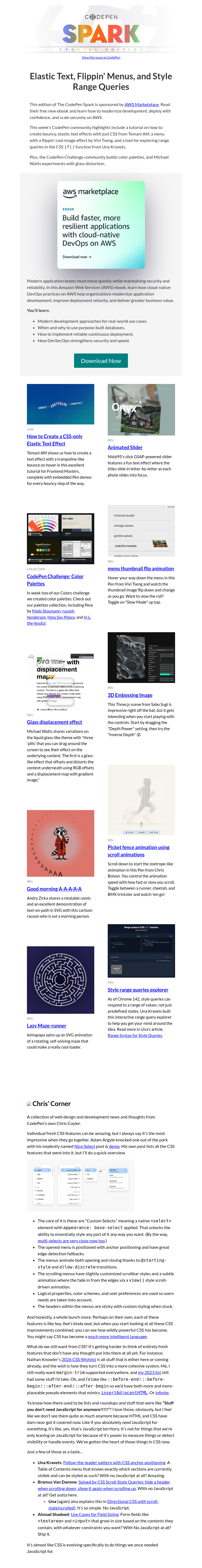 Письмо компании «CodePen» на тему «[CodePen Spark] Elastic Text, Flippin' Menus, and Style Range Queries»