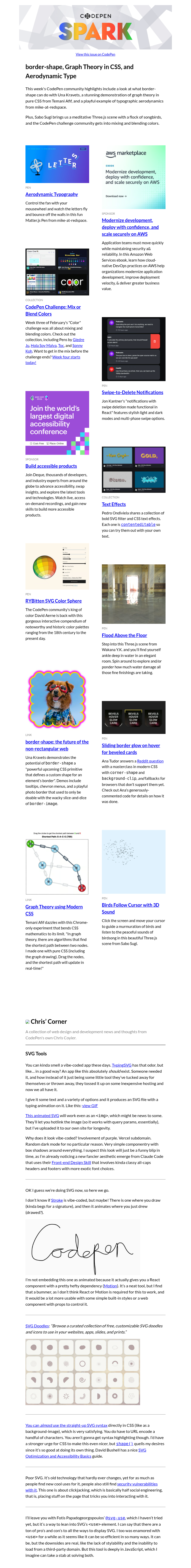Письмо компании «CodePen» на тему «border-shape, Graph Theory in CSS, and Aerodynamic Type»