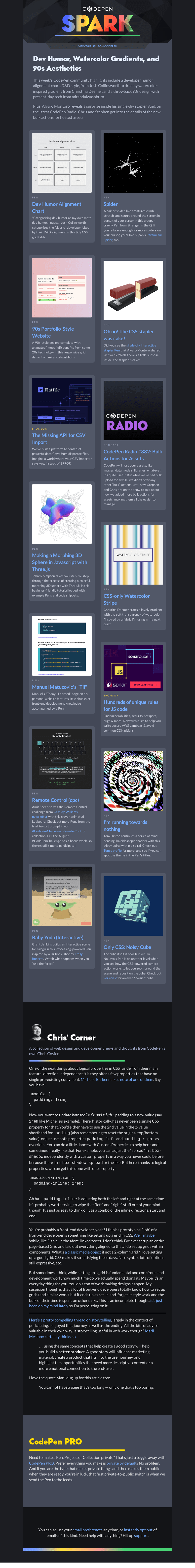 Письмо компании «CodePen» на тему «Dev Humor, Watercolor Gradients, and 90s Aesthetics»