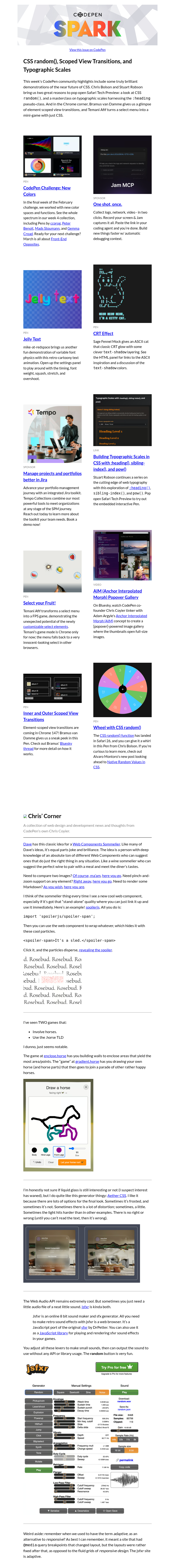 Письмо компании «CodePen» на тему «CSS random(), Scoped View Transitions, and Typographic Scales»