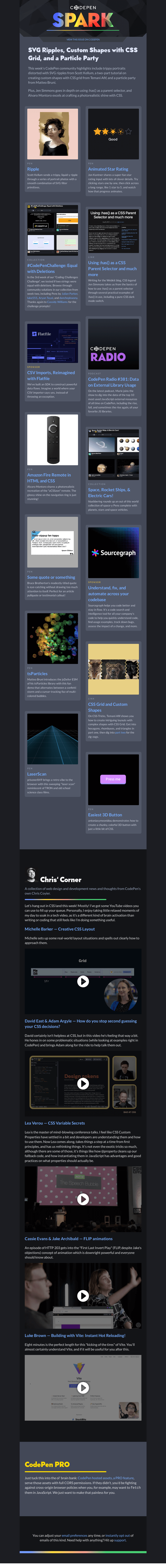 Письмо компании «CodePen» на тему «SVG Ripples, Custom Shapes with CSS Grid, and a Particle Party»