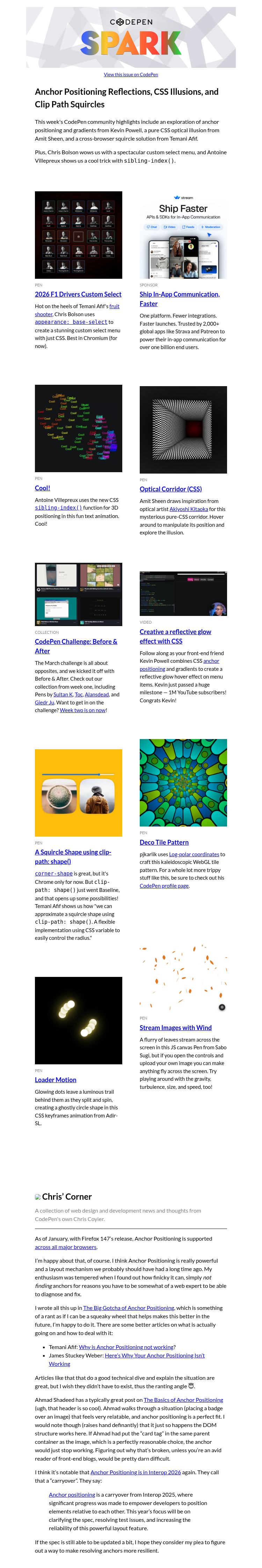 Письмо компании «CodePen» на тему «Anchor Positioning Reflections, CSS Illusions, and Clip Path Squircles»