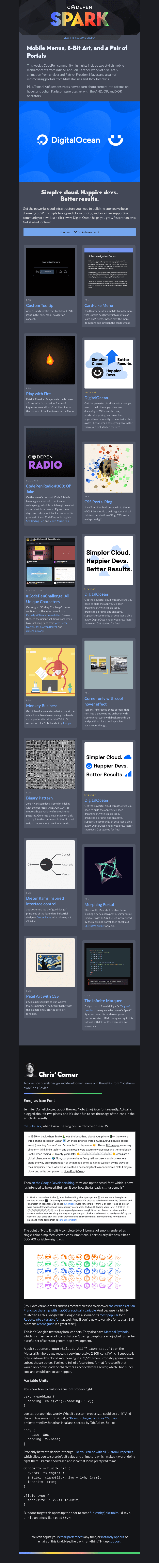 Письмо компании «CodePen» на тему «Mobile Menus, 8-Bit Art, and a Pair of Portals»
