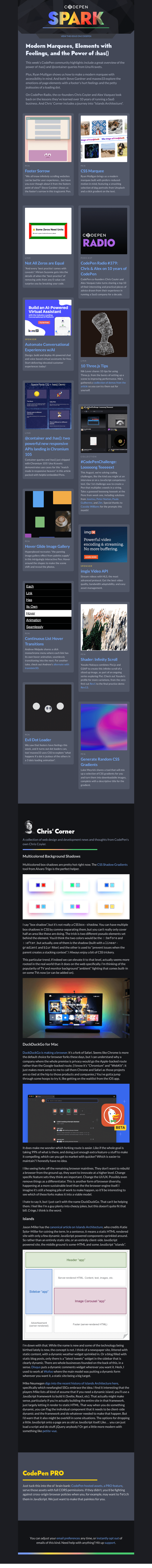 Письмо компании «CodePen» на тему «Modern Marquees, Elements with Feelings, and the Power of :has()»