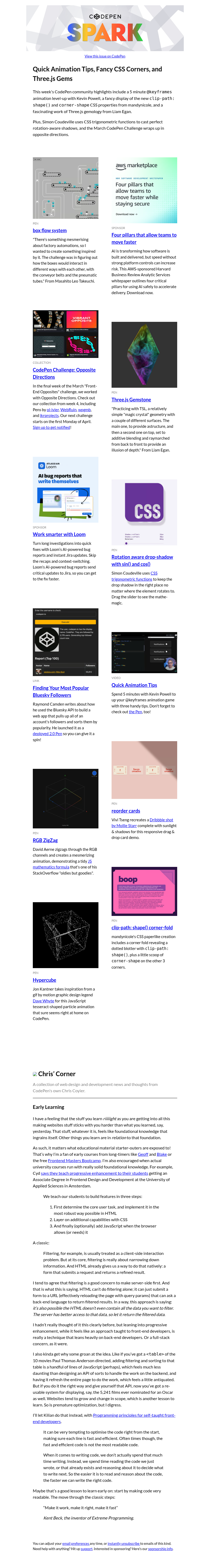 Письмо компании «CodePen» на тему «Quick Animation Tips, Fancy CSS Corners, and Three.js Gems»