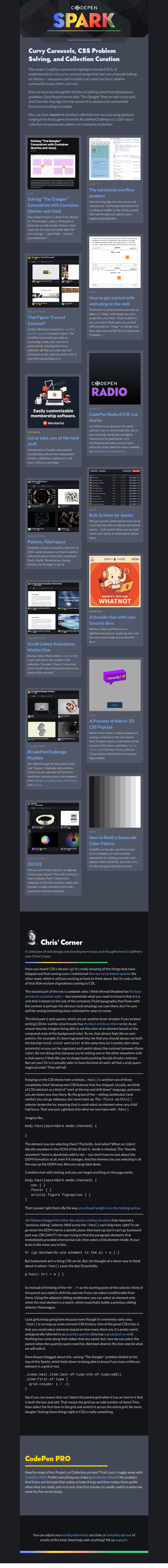 Письмо компании «CodePen» на тему «Curvy Carousels, CSS Problem Solving, and Collection Curation»