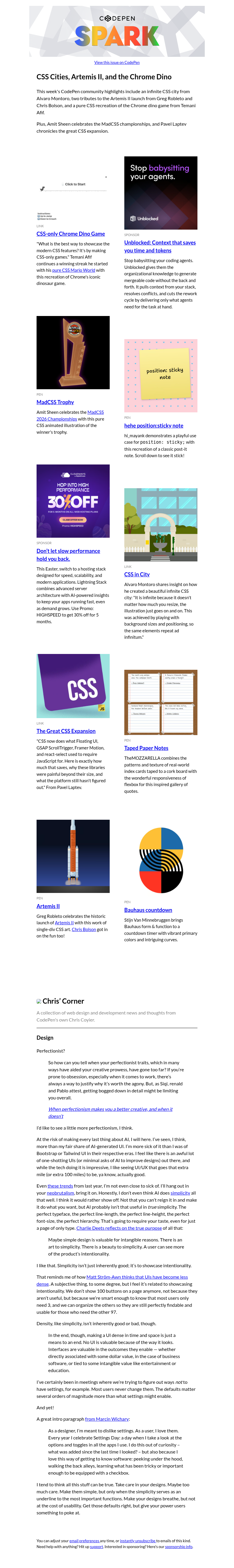 Письмо компании «CodePen» на тему «CSS Cities, Artemis II, and the Chrome Dino»