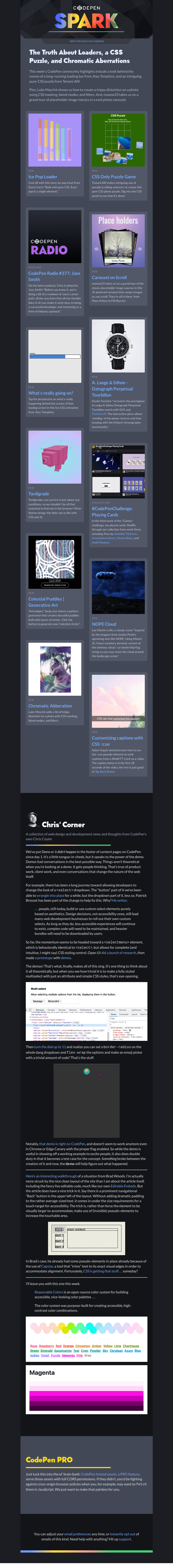 Письмо компании «CodePen» на тему «The Truth About Loaders, a CSS Puzzle, and Chromatic Aberrations»