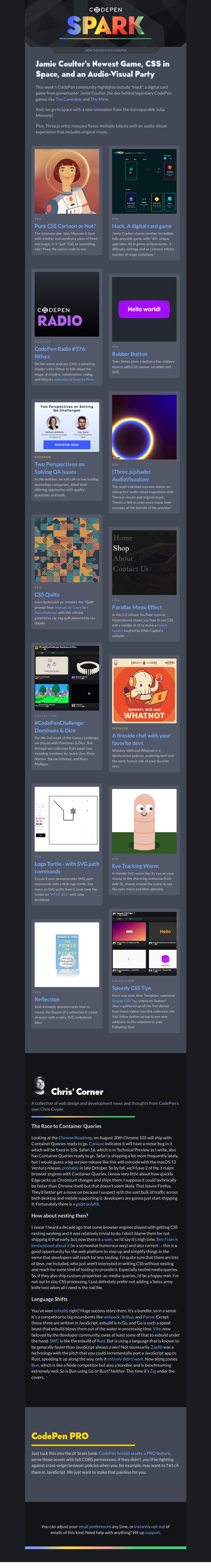Письмо компании «CodePen» на тему «Jamie Coulter's Newest Game, CSS in Space, and an Audio-Visual Party»